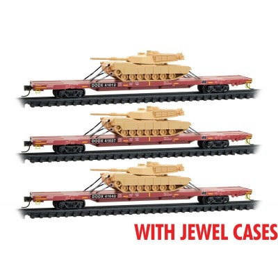 DODX RED FLAT CAR 3-PACK WITH ABRAMS TANKS