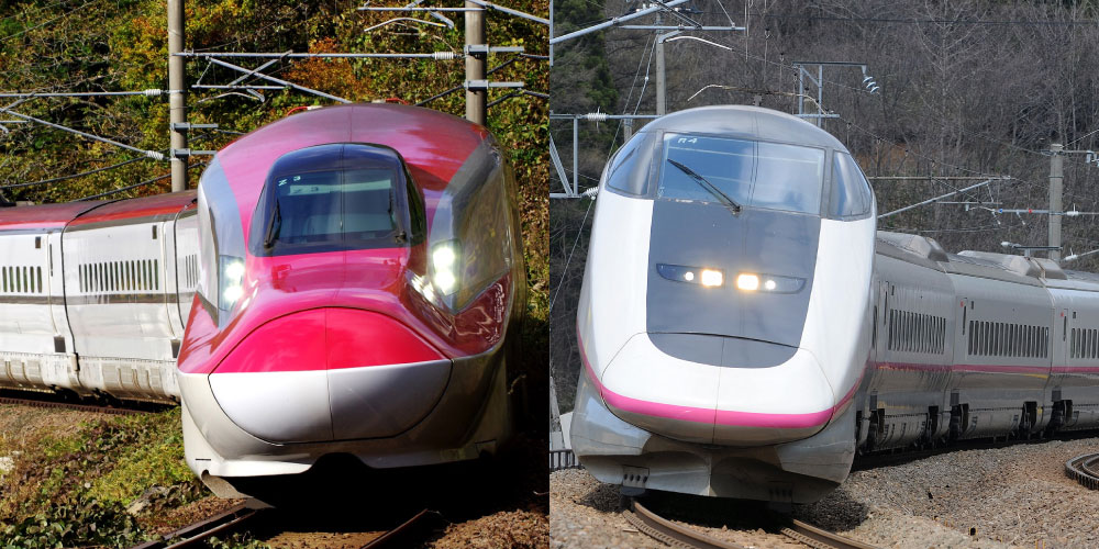 走行する秋田新幹線「E3系こまち」と「E6系こまち」