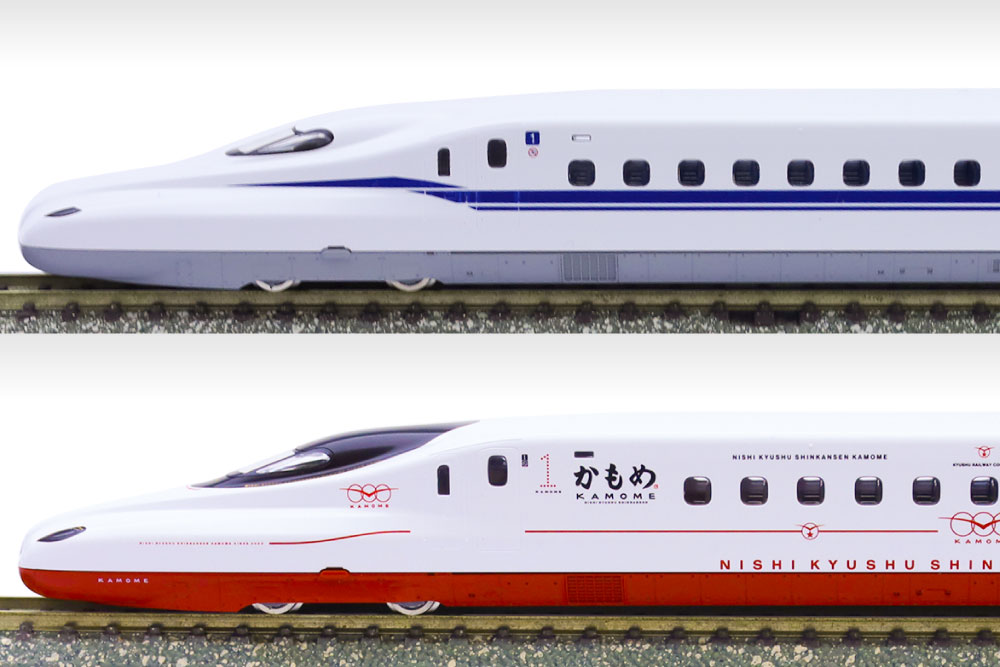 側面から見たNゲージモデルの「東海道・山陽新幹線N700S」と「N700Sかもめ」